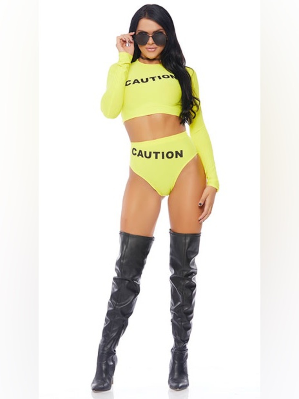 Caution Neon Yellow Long Sleeve Crop Top and High Waist Brief Set